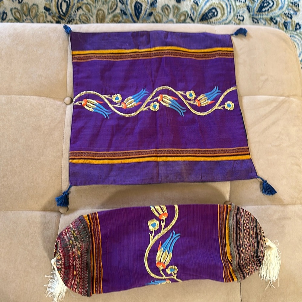 Beautiful purple gold vintage Turkish pillow case covers embroidered